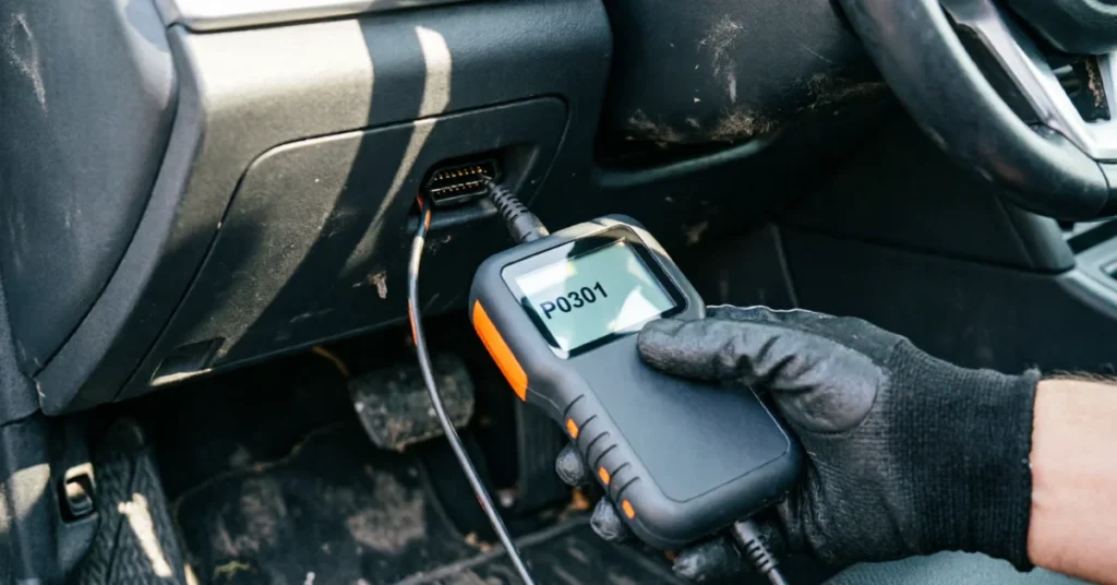 How to fix ABS light on car: OBD2 scanner plugged into the diagnostic port showing code P0301