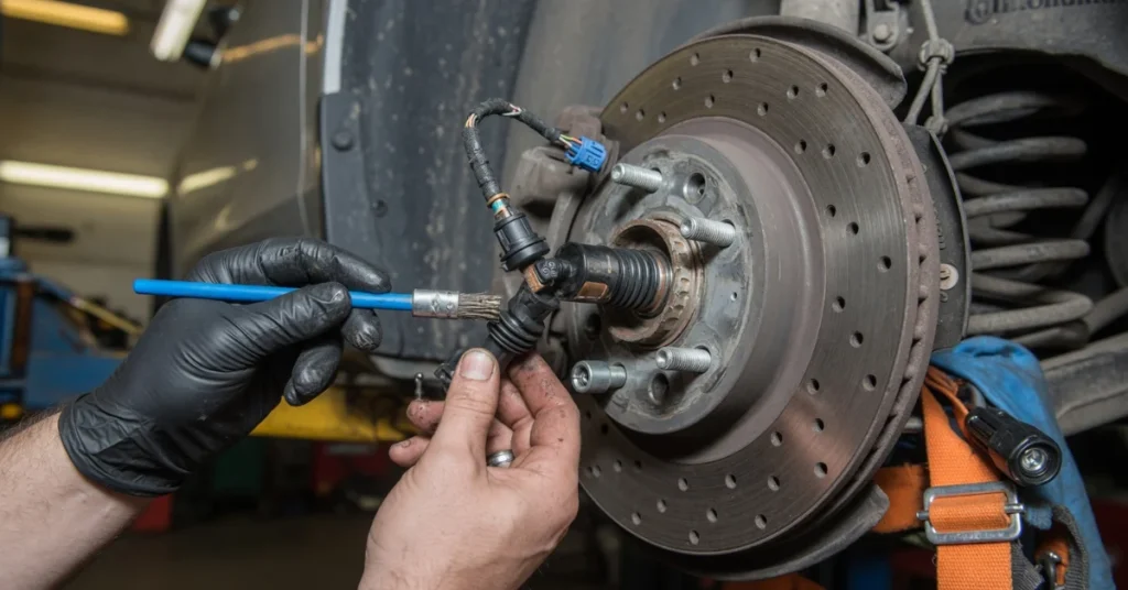 How to fix ABS light on car: mechanic cleaning a wheel speed sensor at the brake rotor