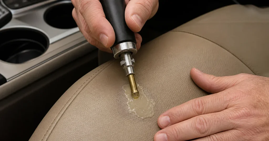 How to fix burn hole in car seat: a hand heat-setting liquid vinyl compound on a tan seat with a heated tool
