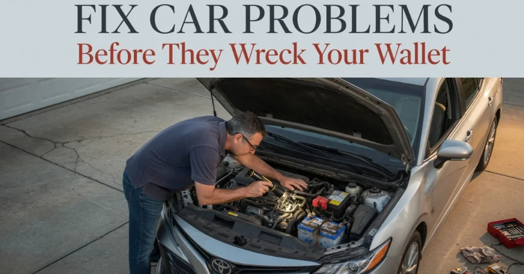 Man checking a car engine with a flashlight under an open hood in a driveway