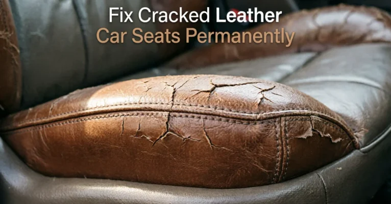 How to fix cracked leather car seats: close-up of a cracked brown leather bolster on a neutral seat