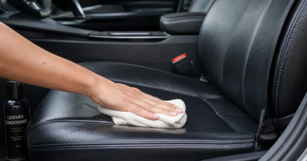 How to fix cracked leather car seats: a cloth applying leather conditioner to a smooth black seat with the bottle beside it