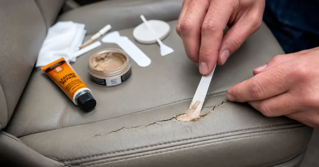 How to fix cracked leather car seats: hands working filler into a seat crack with a spatula, repair kit laid out nearby