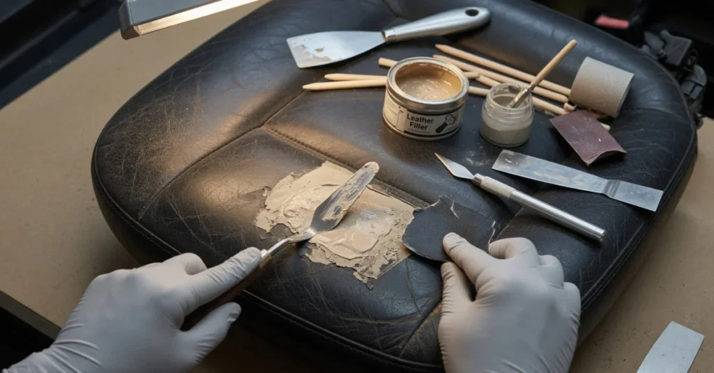 How to fix leather car seats: gloved hands applying filler with a palette knife and holding a backing patch, tools laid out nearby