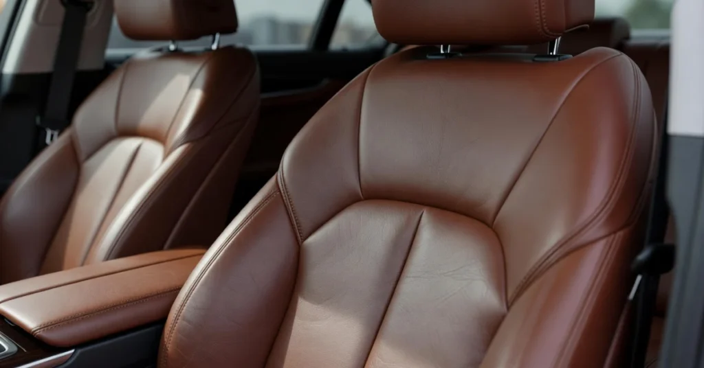 How to fix leather car seats: a finished, smooth brown leather seat with no visible damage in natural light