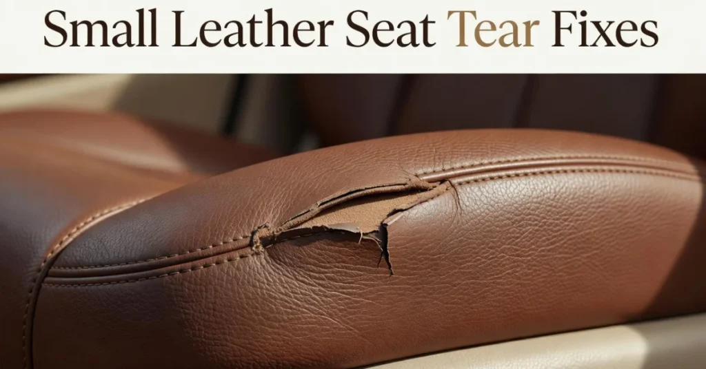 How to fix leather car seats: close-up of a small tear along a brown leather seat bolster showing the grain