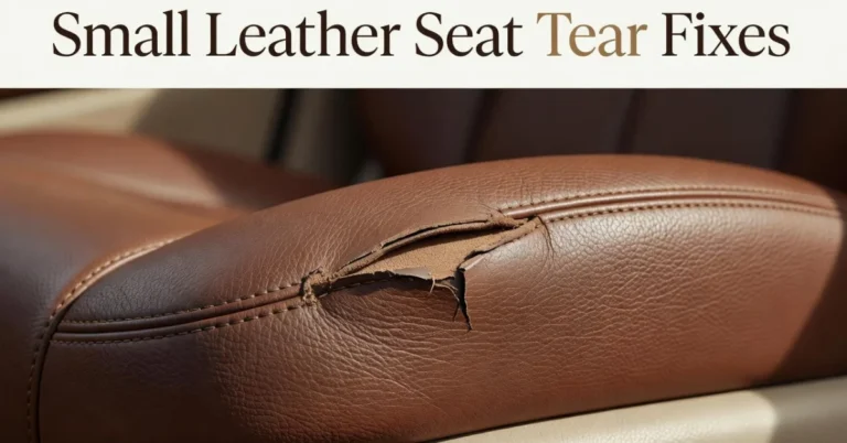 How to fix leather car seats: close-up of a small tear along a brown leather seat bolster showing the grain