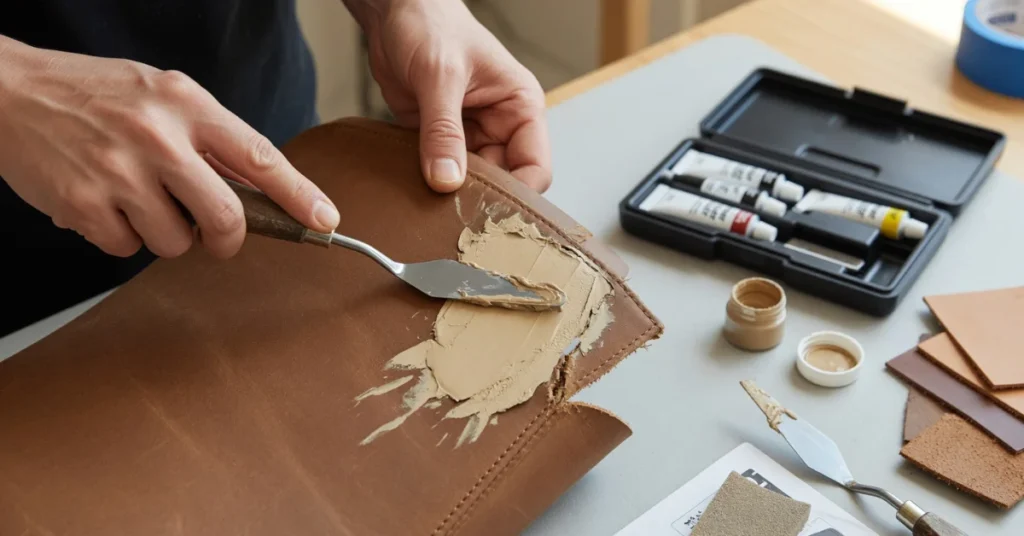 How to fix a ripped leather car seat: hands spreading filler compound over a tear with a palette knife, kit materials nearby