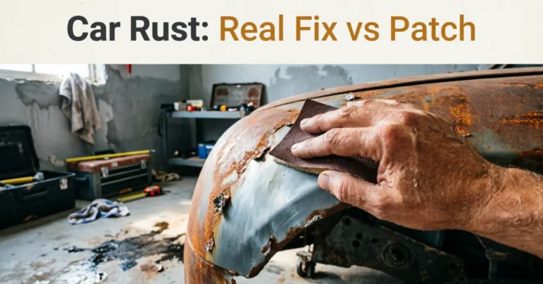 How to fix rust on a car: hand sanding a rusted fender down to bare metal in a home garage