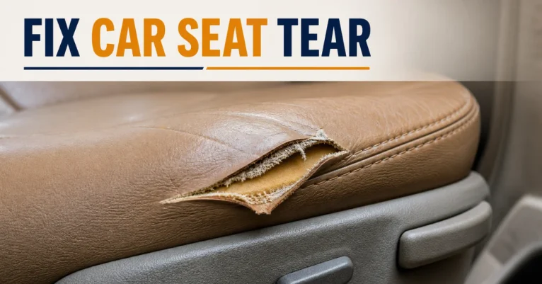 How to fix tear in car seat: close-up of a tan leather seat tear with frayed edges and exposed foam