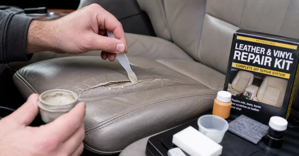 How to fix tear in car seat: a hand applying filler to a torn leather seat with a leather and vinyl repair kit nearby