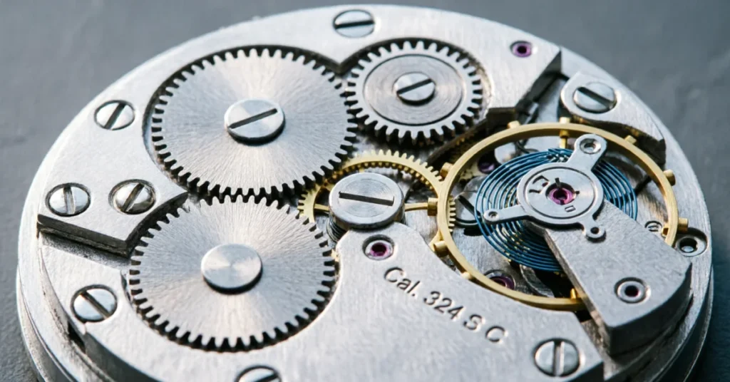 How to replace a Seiko watch battery: macro of a movement with the stamped caliber number visible on the bridge