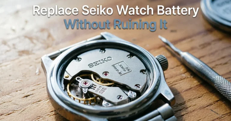 How to replace a Seiko watch battery: an opened Seiko case back showing the movement with a case tool beside it on a wooden bench