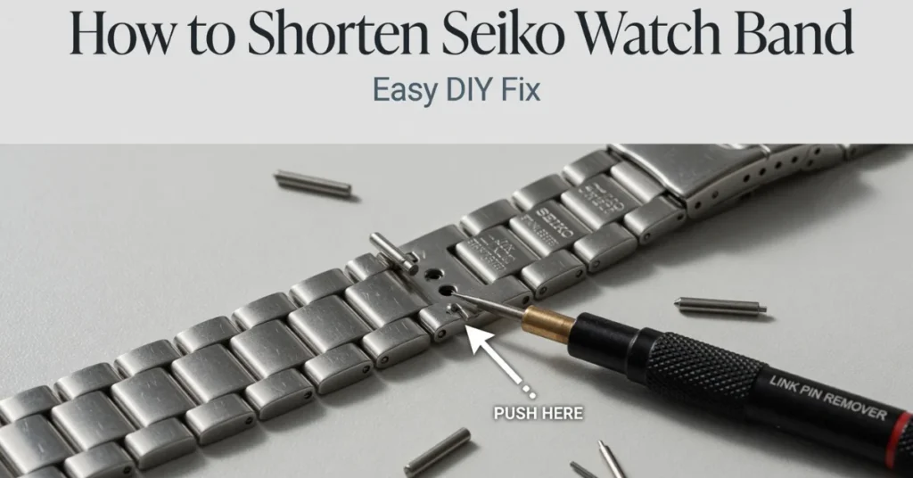 How to shorten Seiko watch band: link pin remover tool pushing a pin out of a Seiko bracelet with removed pins nearby