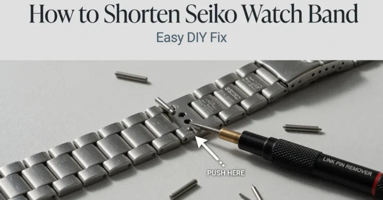 How to shorten Seiko watch band: link pin remover tool pushing a pin out of a Seiko bracelet with removed pins nearby