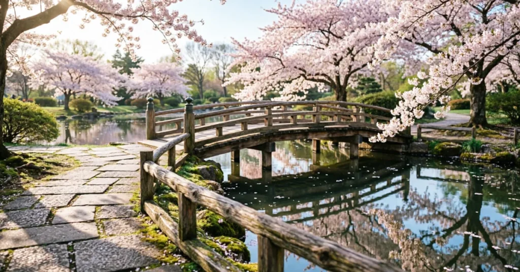Hidden gem Chicago: wooden bridge and stone path in the Garden of the Phoenix under cherry blossoms