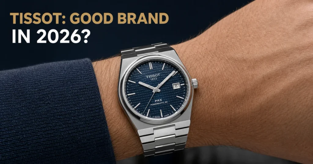 Is Tissot a good brand: a Tissot PRX Powermatic 80 with a deep blue dial on a wrist, integrated bracelet visible