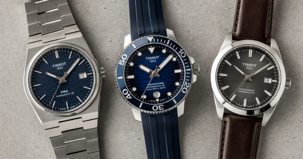 Is Tissot a good watch brand: Tissot PRX, Seastar, and Gentleman models lined up side by side on a gray background