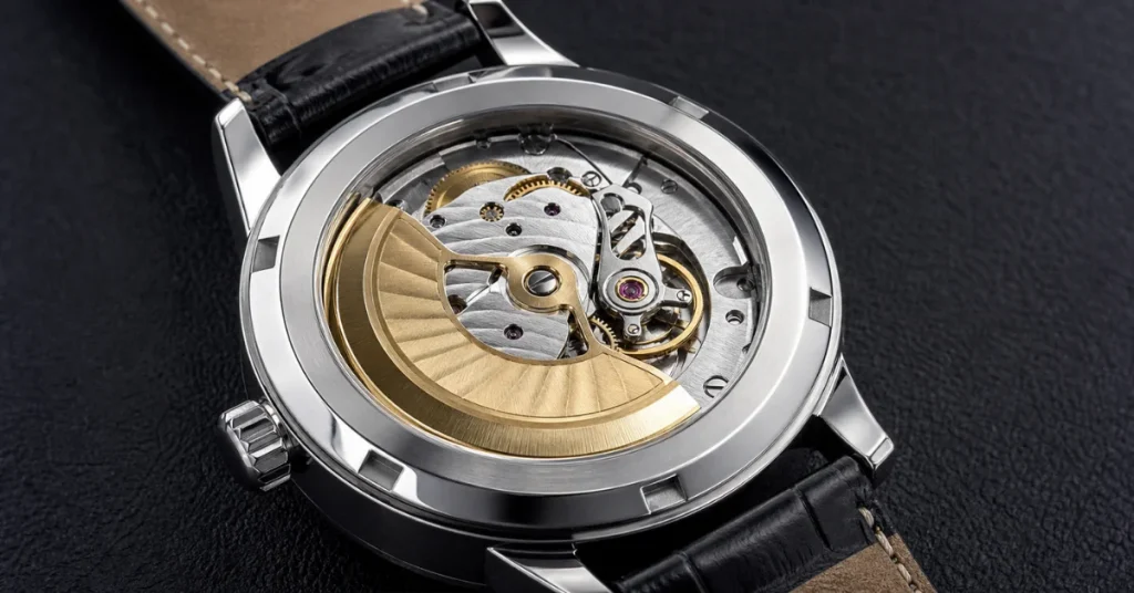  Is Tissot a good watch brand: an open case back showing an automatic Swiss movement with a gold rotor and visible gears