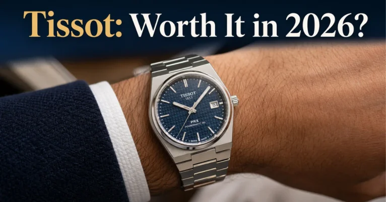 Is Tissot a good watch brand: a Tissot PRX Powermatic 80 with a blue waffle dial on a wrist, integrated steel bracelet visible