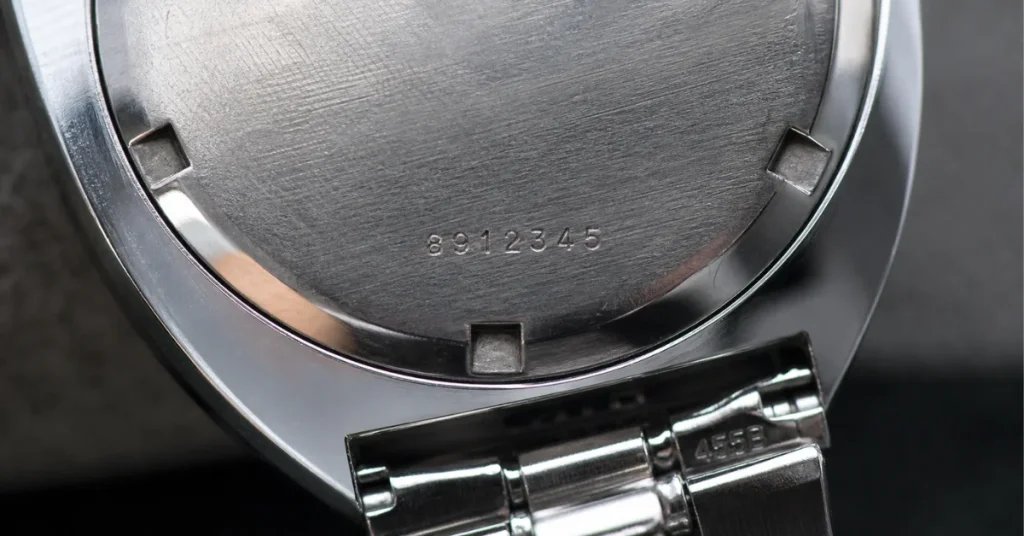 Is Tissot a good watch brand: a macro close-up of a steel watch case back with an engraved serial number