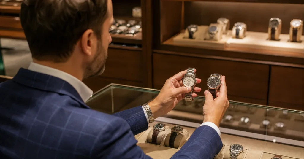 Is Tissot a good watch brand: a shopper comparing two Tissot models at a boutique counter