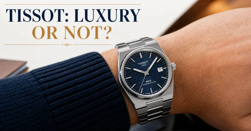 Is Tissot a luxury brand: a Tissot PRX Powermatic 80 with blue waffle dial on a wrist, finishing visible