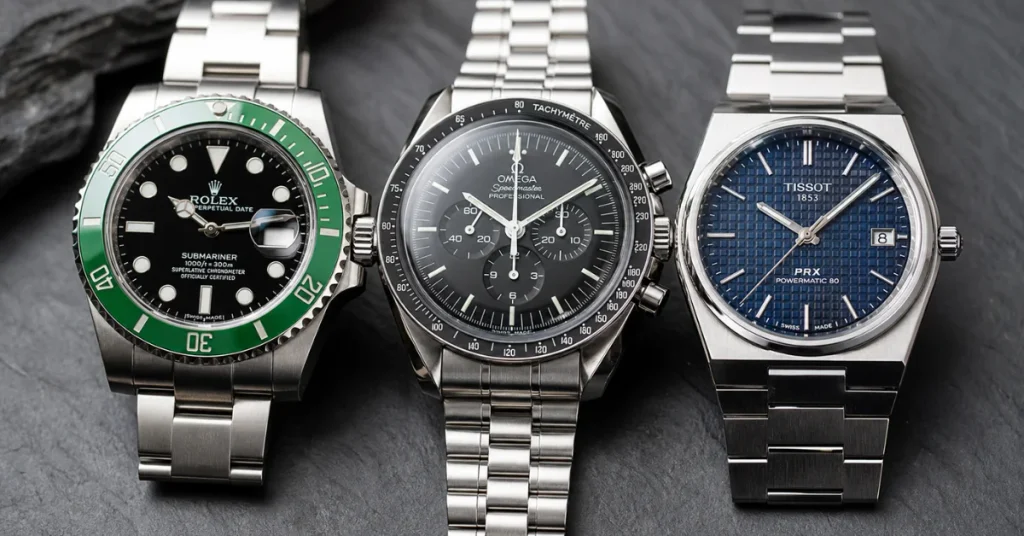 Is Tissot a luxury brand: a Rolex Submariner, Omega Speedmaster, and Tissot PRX lined up side by side across price tiers