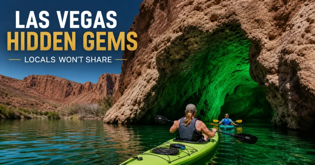 Las Vegas hidden gems: kayakers paddling into the glowing green Emerald Cave on the Colorado River