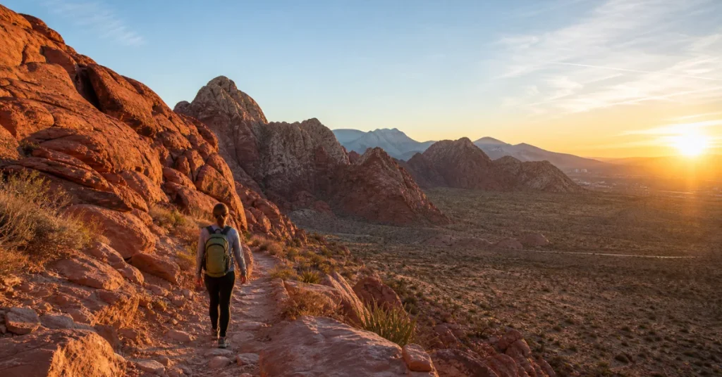  Las Vegas hidden gems: a hiker on a Red Rock Canyon trail at sunrise with a valley view over the Mojave