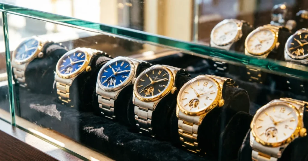 Close-up of luxury watches in glass display case showing gold and steel timepieces with blue and white dials