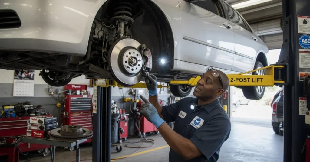 Certified mechanic inspecting a car's brake rotor on a lift in a repair shop