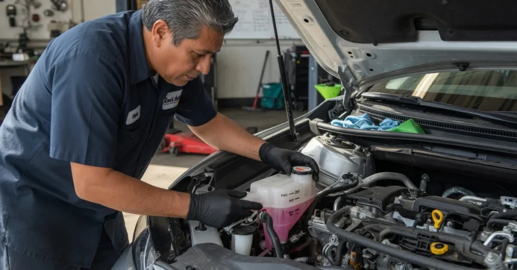 Mechanic wearing gloves checking coolant reservoir with full/max markings