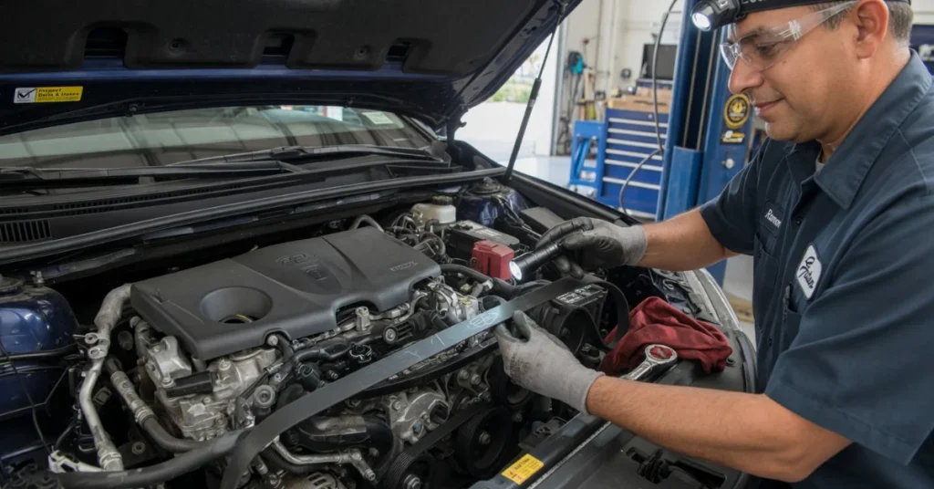 Professional mechanic using flashlight to inspect serpentine belt and AC compressor system