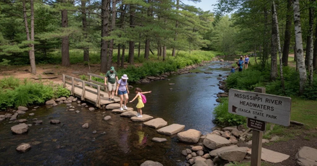 Family crossing the Mississippi River headwaters on stepping stones at Itasca State Park