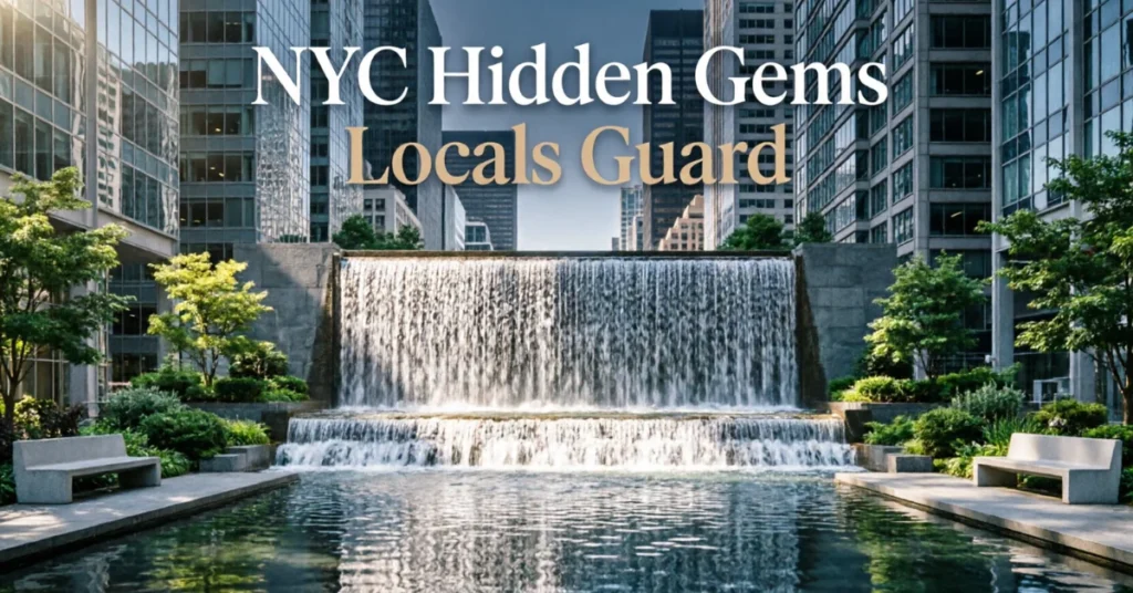 New York hidden gems: a quiet waterfall pocket park framed by Midtown skyscrapers