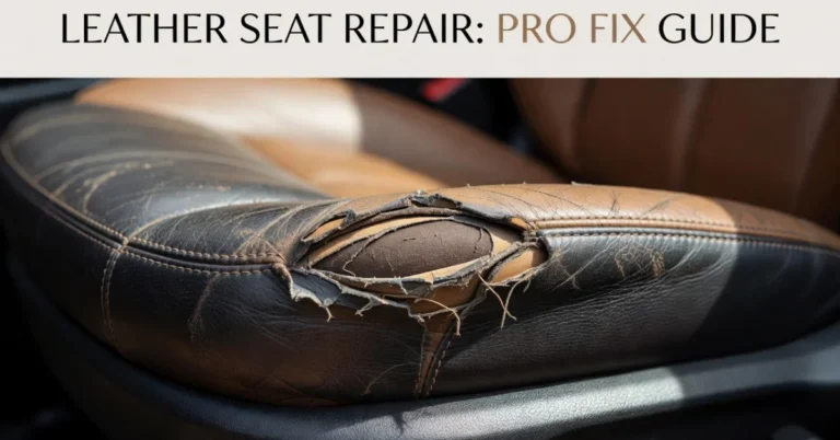 How to fix a ripped leather car seat: close-up of a torn bolster with worn texture and stitching