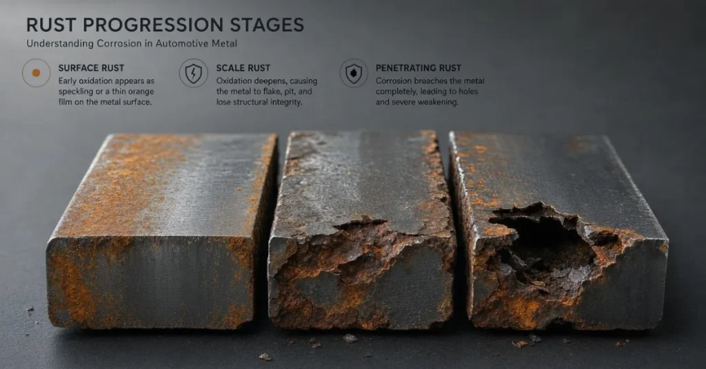 How to fix rust on a car: diagram of rust progression stages — surface, scale, and penetrating corrosion on steel bars