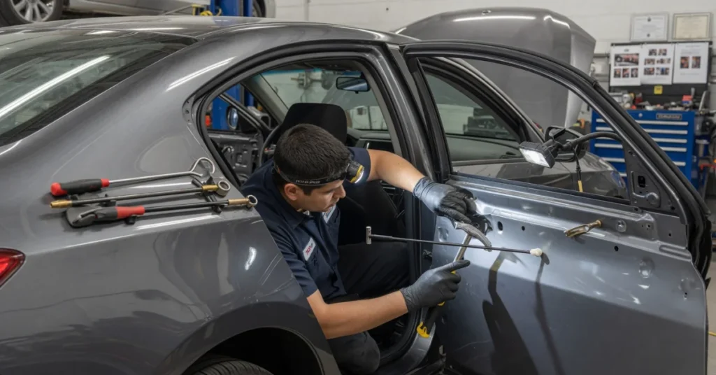 PDR technician working inside a car door with specialty rods and a headlamp in a body shop