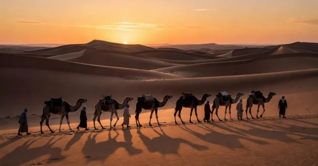 Traditional camel caravan with Moroccan guides in robes crossing Sahara dunes at sunset