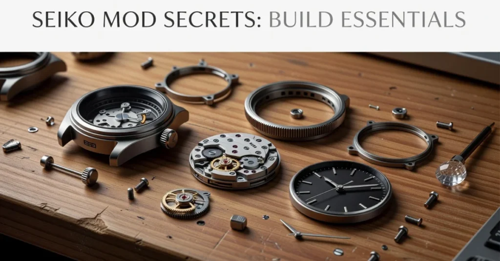 Seiko mod build essentials: disassembled case, movement, dial, hands, and bezel laid out on a workbench