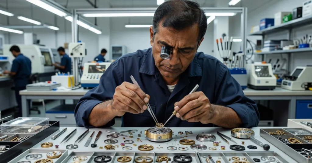 Where are Seiko watches manufactured: technicians assembling movements at an industrial watchmaking facility