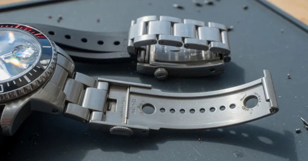 How to adjust a Seiko watch band: open diver clasp showing micro-adjustment holes