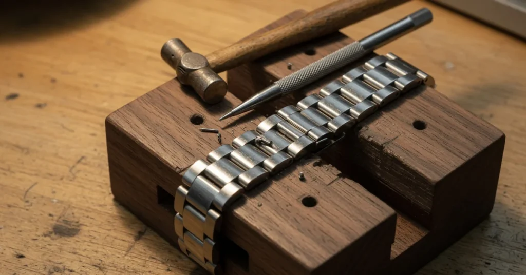 How to shorten Seiko watch band: steel bracelet secured in a wooden holding block with hammer and punch tool nearby