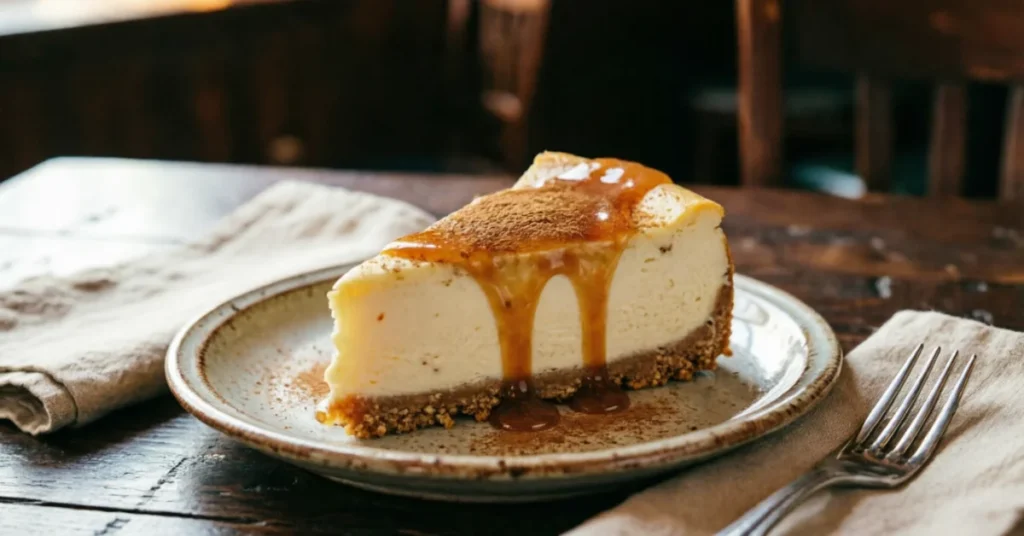 Slice of cheesecake drizzled with cinnamon butter beside a basket of Texas Roadhouse rolls