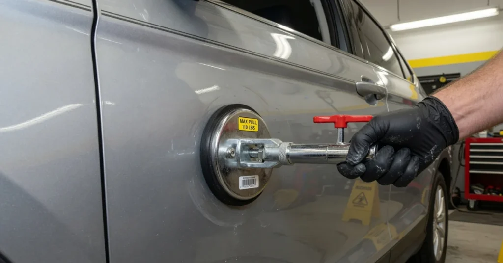 Gloved hand pulling a car door dent with a suction cup slide-hammer dent puller