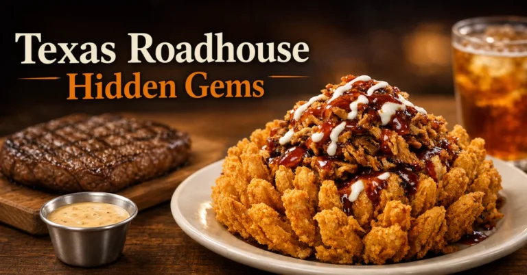 Cactus Blossom topped with pulled pork and drizzled sauces beside Texas Roadhouse rolls and beer