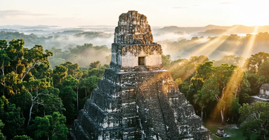 Ancient Maya temple pyramid at Tikal Guatemala with dramatic sunrise rays through jungle canopy