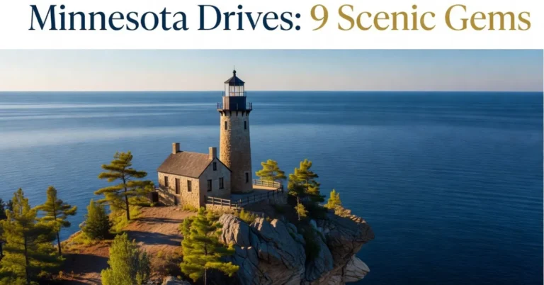 Lighthouse on a pine-topped cliff above Lake Superior at golden hour