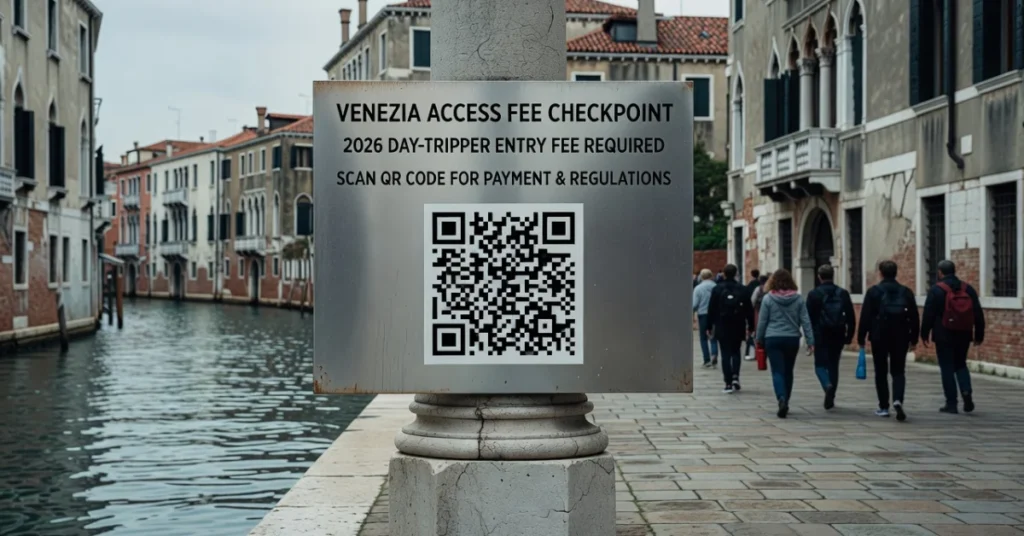 Venezia access fee checkpoint sign with QR code on a Venice canal walkway, tourists walking past